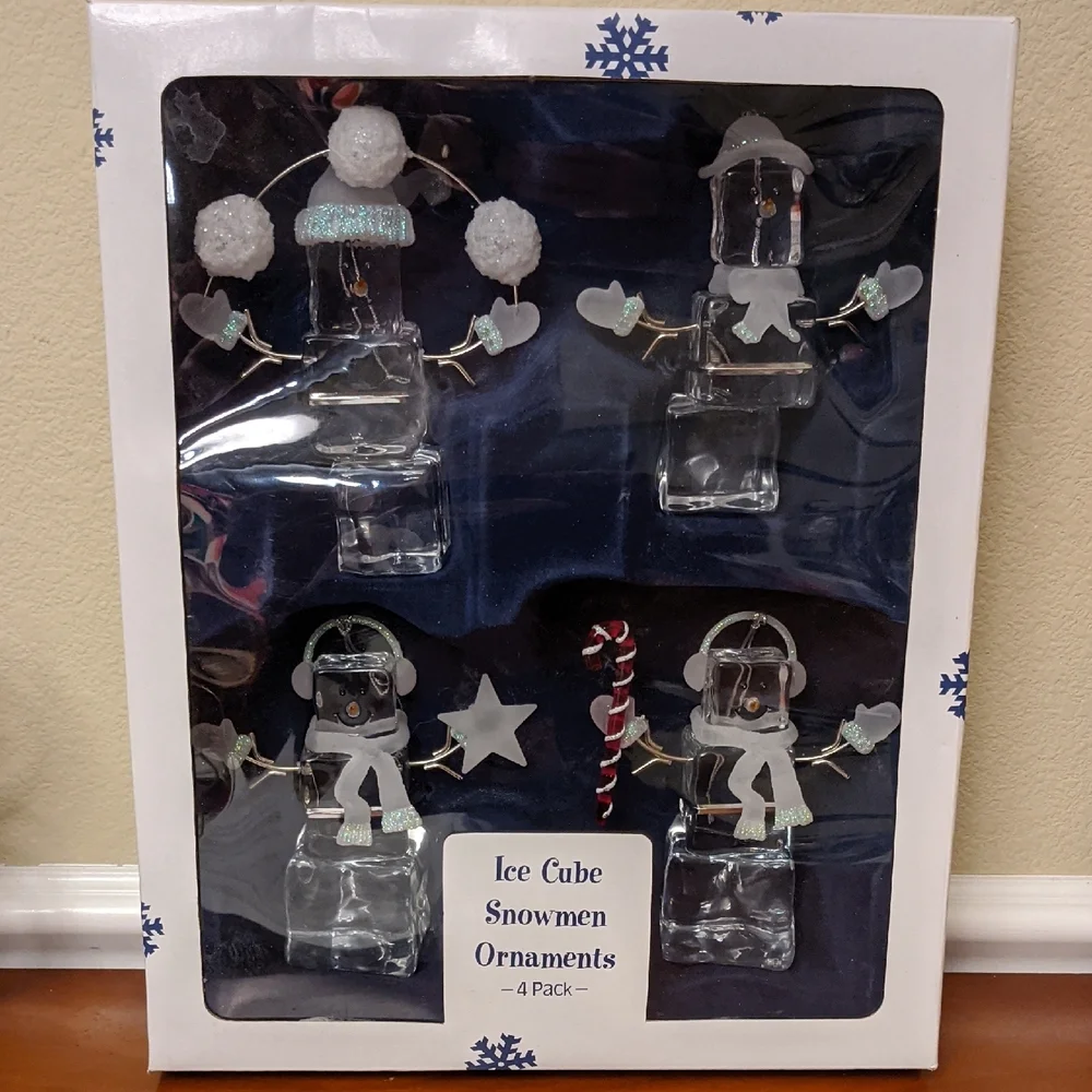 Ice Cube Snowman Ornament Set New Collectible Figures Christmas Tree Gift Tie on